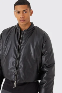 Boxy Pu Volume Padded Puffer Bomber | BoohooMAN UK