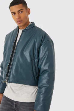 Boxy Pu Volume Padded Puffer Bomber | BoohooMAN UK