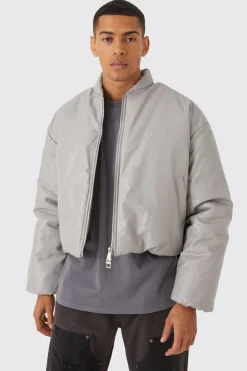 Boxy Pu Volume Padded Puffer Bomber | BoohooMAN UK