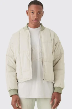 Boxy Quilted Bomber Jacket In Stone | BoohooMAN UK