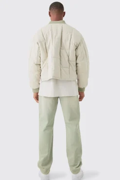 Boxy Quilted Bomber Jacket In Stone | BoohooMAN UK