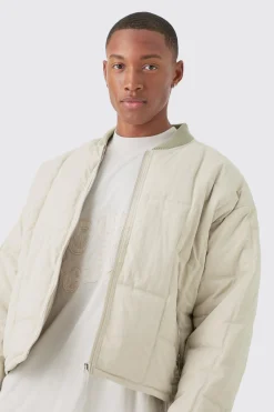 Boxy Quilted Bomber Jacket In Stone | BoohooMAN UK