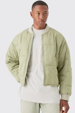 Boxy Quilted Bomber Jacket In Sage | BoohooMAN UK