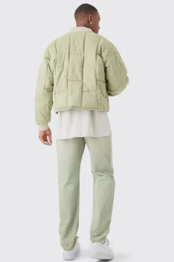 Boxy Quilted Bomber Jacket In Sage | BoohooMAN UK