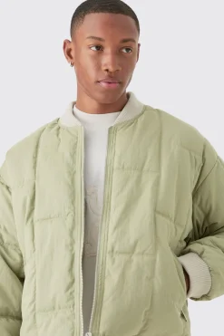 Boxy Quilted Bomber Jacket In Sage | BoohooMAN UK