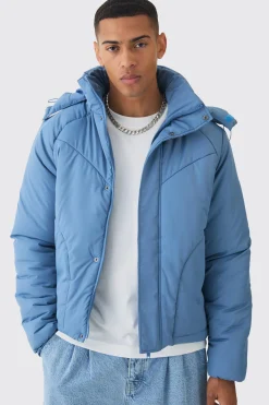 Boxy Quilted Hooded Puffer Coat In Blue | BoohooMAN UK
