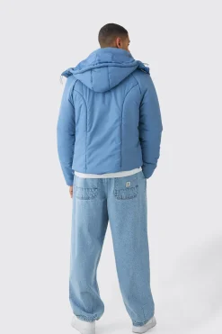 Boxy Quilted Hooded Puffer Coat In Blue | BoohooMAN UK