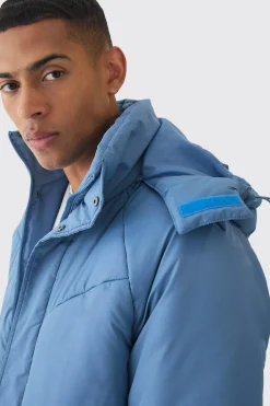 Boxy Quilted Hooded Puffer Coat In Blue | BoohooMAN UK