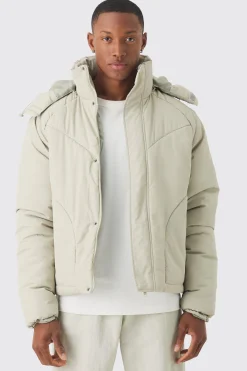Boxy Quilted Hooded Puffer Coat In Taupe | BoohooMAN UK