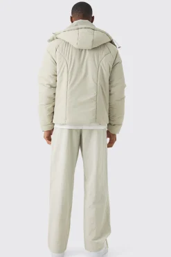 Boxy Quilted Hooded Puffer Coat In Taupe | BoohooMAN UK