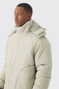 Boxy Quilted Hooded Puffer Coat In Taupe | BoohooMAN UK