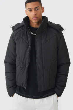 Boxy Quilted Hooded Puffer Coat In Black | BoohooMAN UK