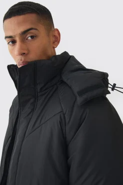 Boxy Quilted Hooded Puffer Coat In Black | BoohooMAN UK