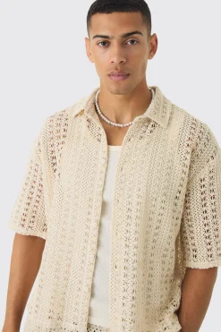 Boxy Revere Crochet Shirt | BoohooMAN UK
