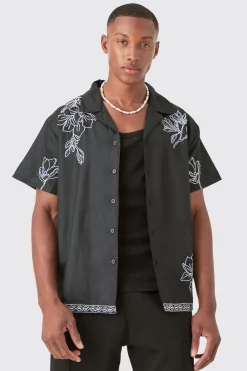 Boxy Revere Floral Pocket Embroidery Shirt | BoohooMAN UK
