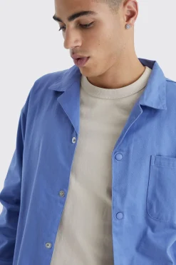 Boxy Revere Harrington Twill Overshirt | BoohooMAN UK