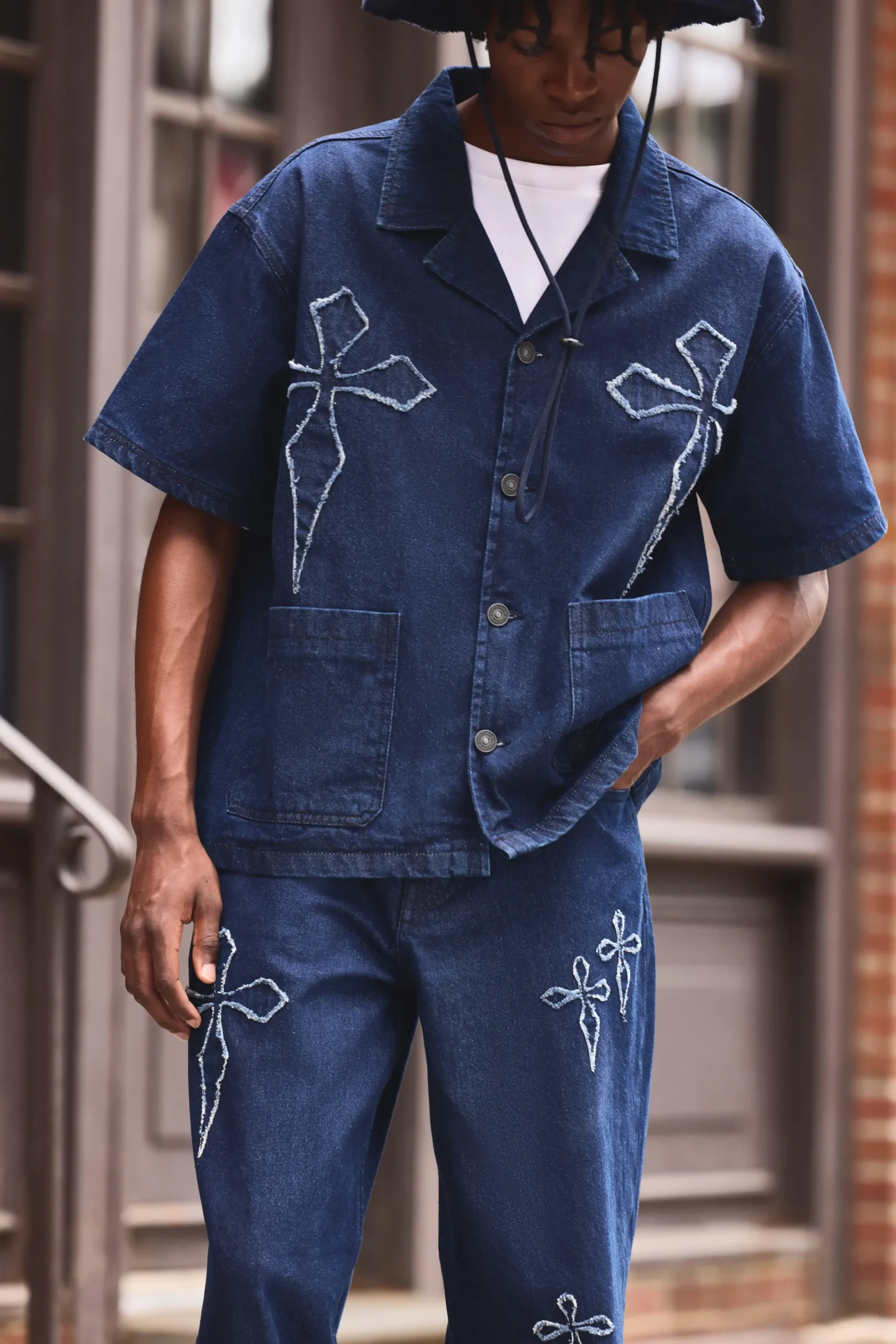 Boxy Revere Raw Edge Denim Cross Applique Shirt | BoohooMAN UK