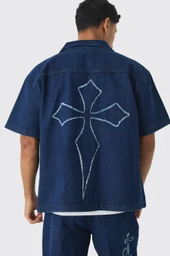 Boxy Revere Raw Edge Denim Cross Applique Shirt | BoohooMAN UK