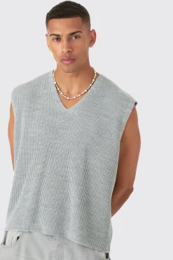 Boxy Ribbed V Neck Sweater Vest | BoohooMAN UK