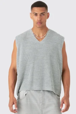 Boxy Ribbed V Neck Sweater Vest | BoohooMAN UK