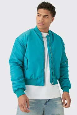 Boxy Ruched Sleeve Ma1 Bomber Jacket In Aqua | BoohooMAN UK