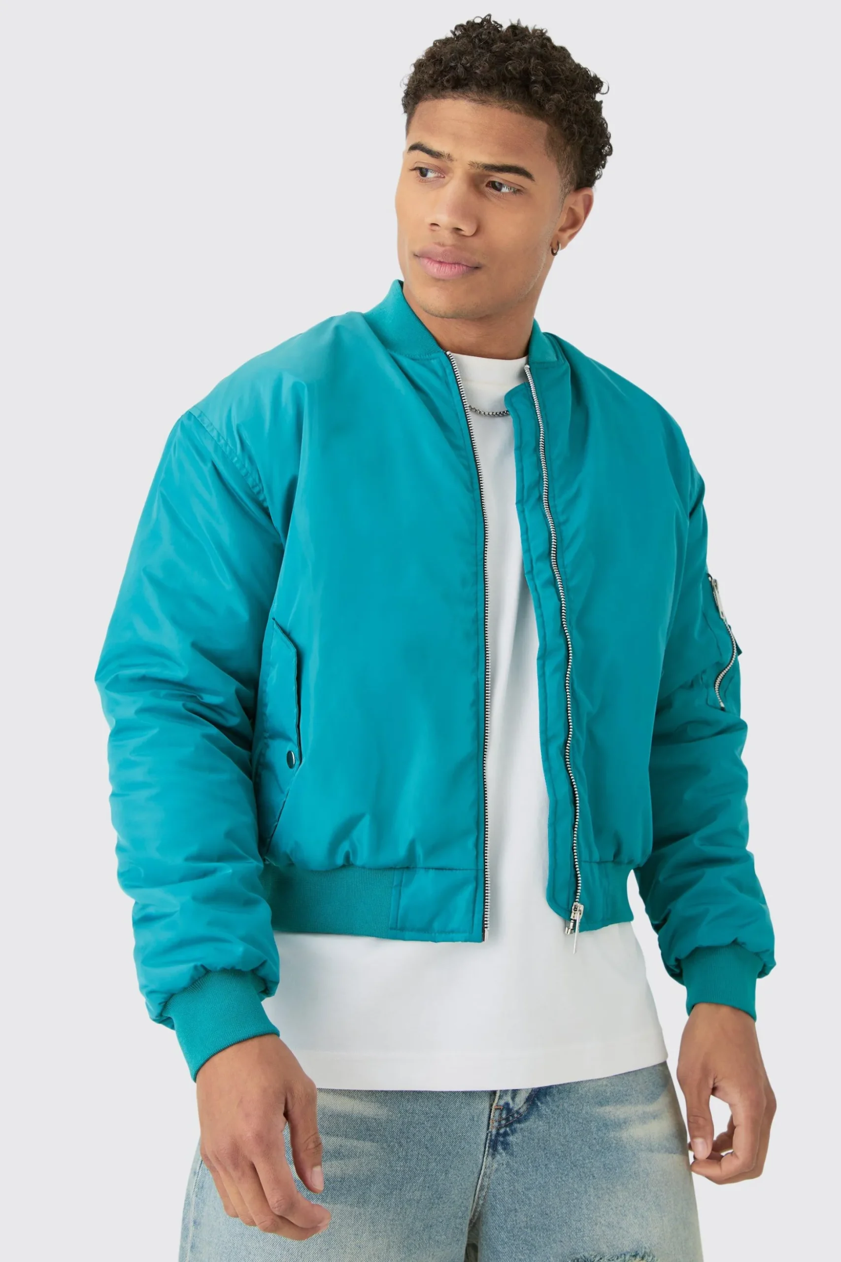 Boxy Ruched Sleeve Ma1 Bomber Jacket In Aqua | BoohooMAN UK
