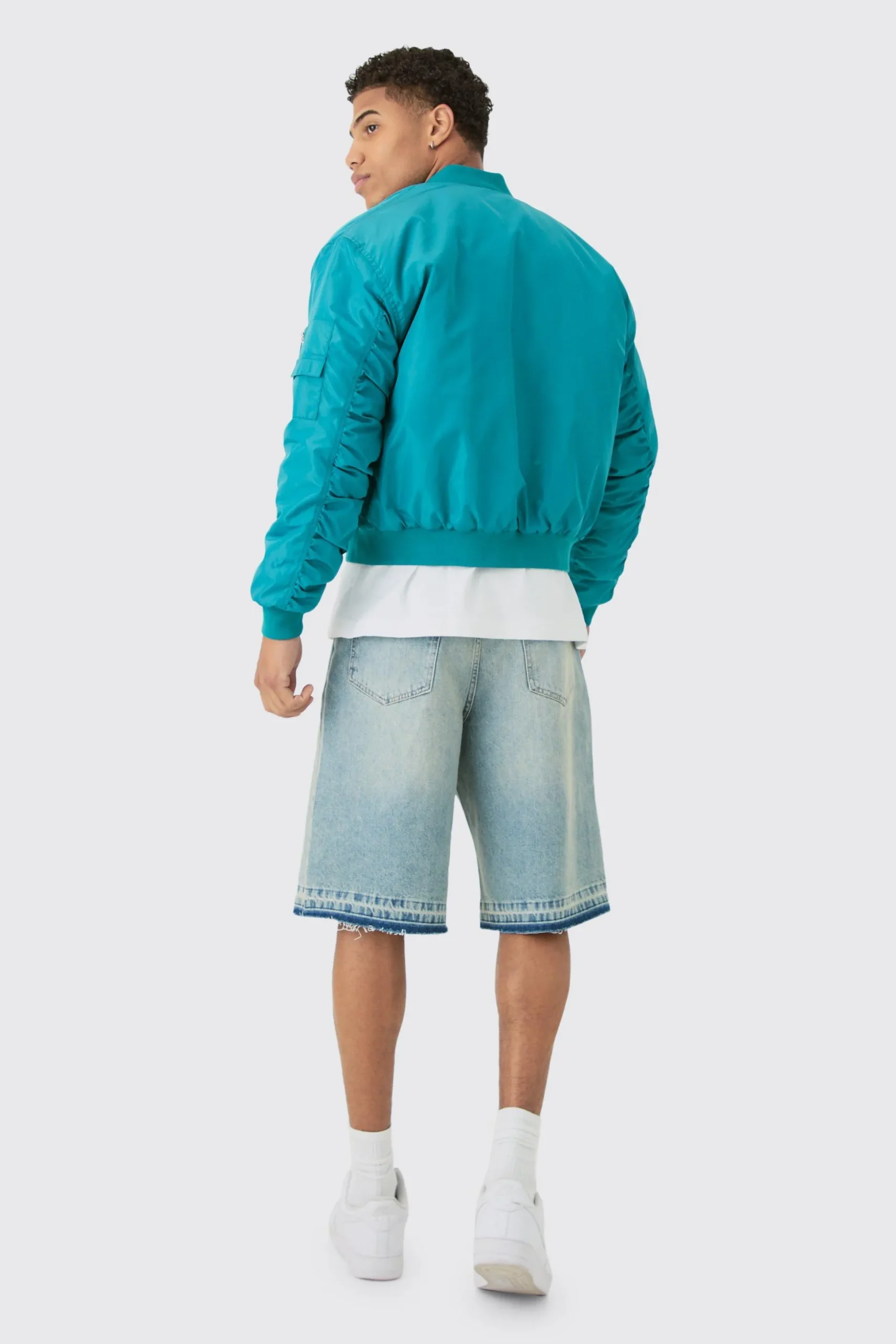 Boxy Ruched Sleeve Ma1 Bomber Jacket In Aqua | BoohooMAN UK