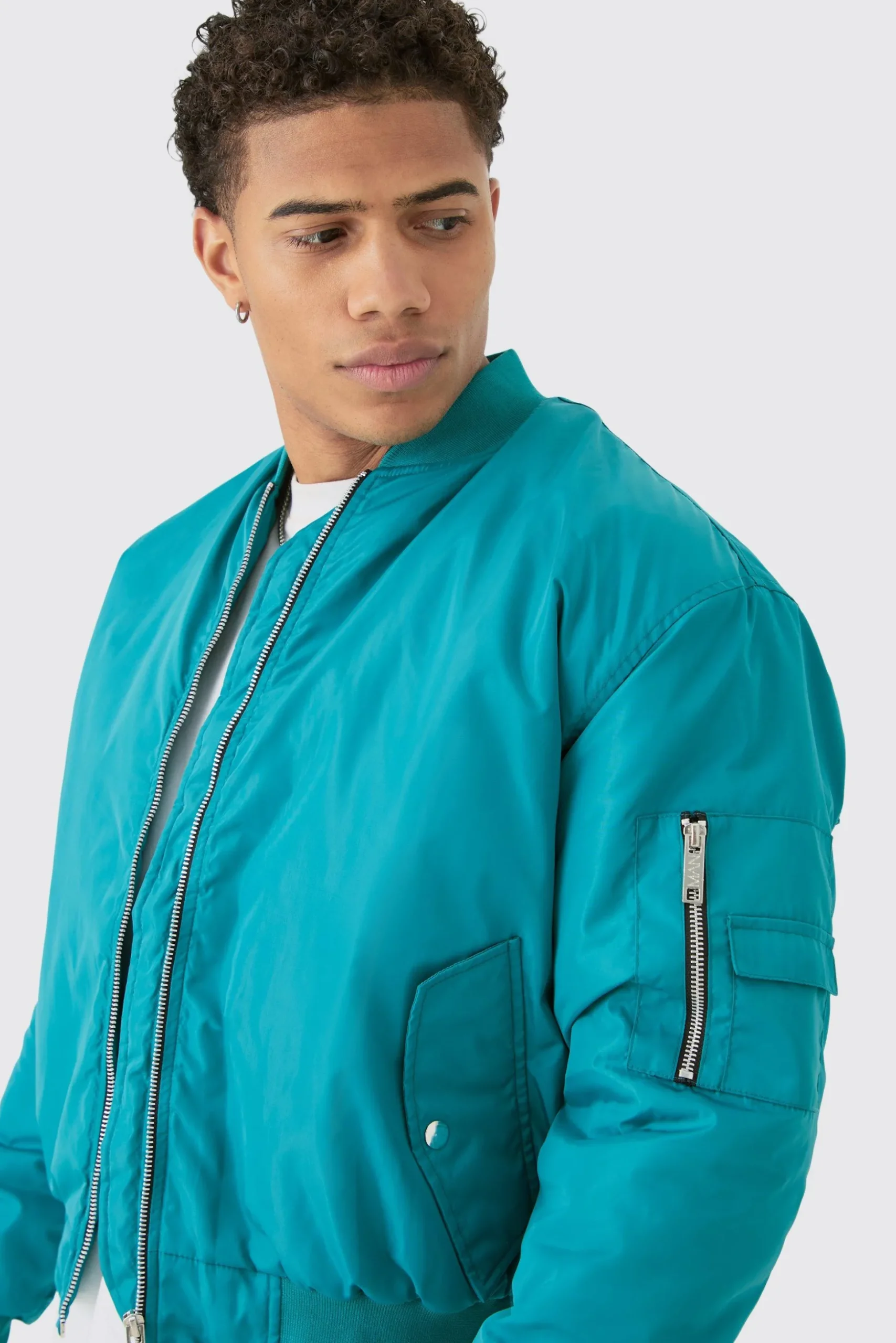 Boxy Ruched Sleeve Ma1 Bomber Jacket In Aqua | BoohooMAN UK