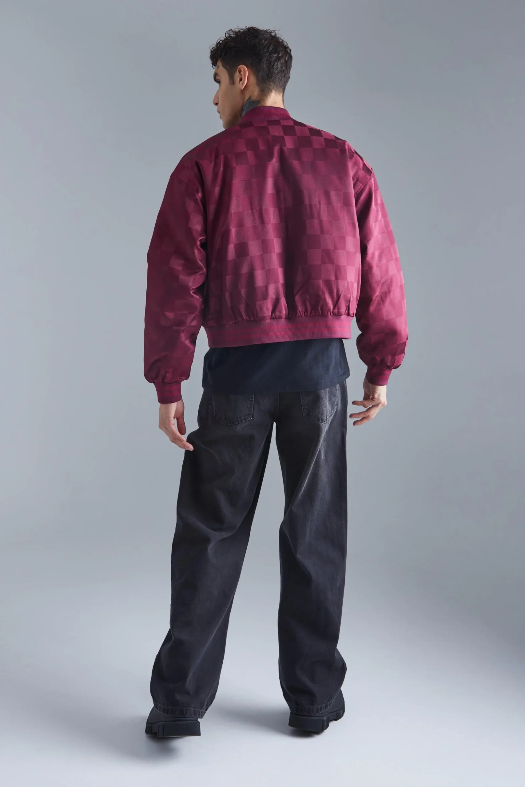 Boxy Satin Checkerboard Bomber | BoohooMAN UK