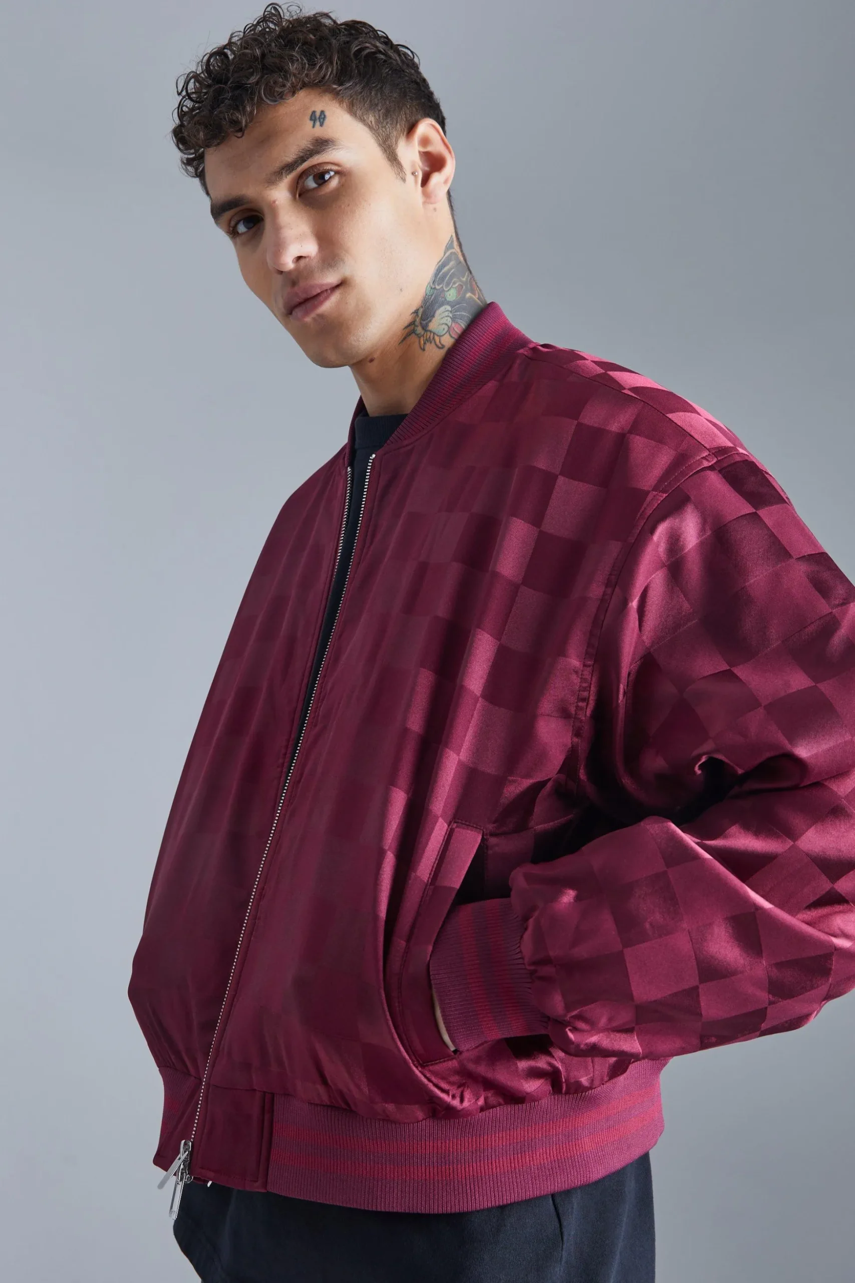 Boxy Satin Checkerboard Bomber | BoohooMAN UK