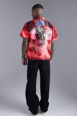 Boxy Satin Graphic Back Print Shirt | BoohooMAN UK