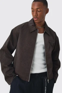 Boxy Satin PU Dogtooth Harrington Jacket In Chocolate | BoohooMAN UK