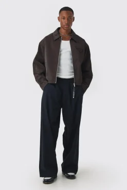 Boxy Satin PU Dogtooth Harrington Jacket In Chocolate | BoohooMAN UK