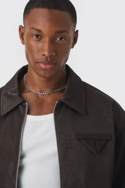 Boxy Satin PU Dogtooth Harrington Jacket In Chocolate | BoohooMAN UK