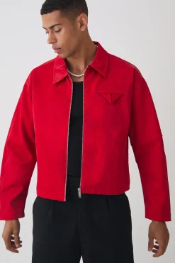 Boxy Satin PU Dogtooth Harrington Jacket In Red | BoohooMAN UK