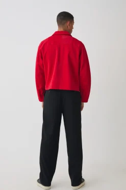 Boxy Satin PU Dogtooth Harrington Jacket In Red | BoohooMAN UK
