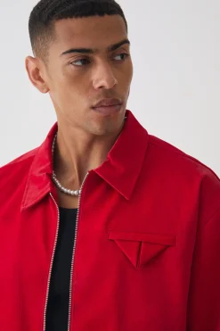 Boxy Satin PU Dogtooth Harrington Jacket In Red | BoohooMAN UK