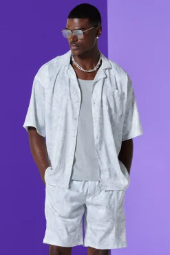 Boxy Satin Revere Collar Print Shirt And Short Set In White | BoohooMAN UK