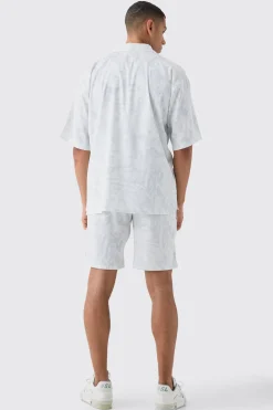 Boxy Satin Revere Collar Print Shirt And Short Set In White | BoohooMAN UK