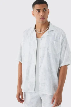 Boxy Satin Revere Collar Print Shirt And Short Set In White | BoohooMAN UK