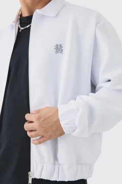 Boxy Scuba Zip Through Embroidered Jacket | BoohooMAN UK