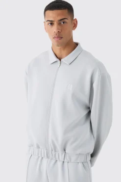 Boxy Scuba Zip Through Embroidered Jacket | BoohooMAN UK