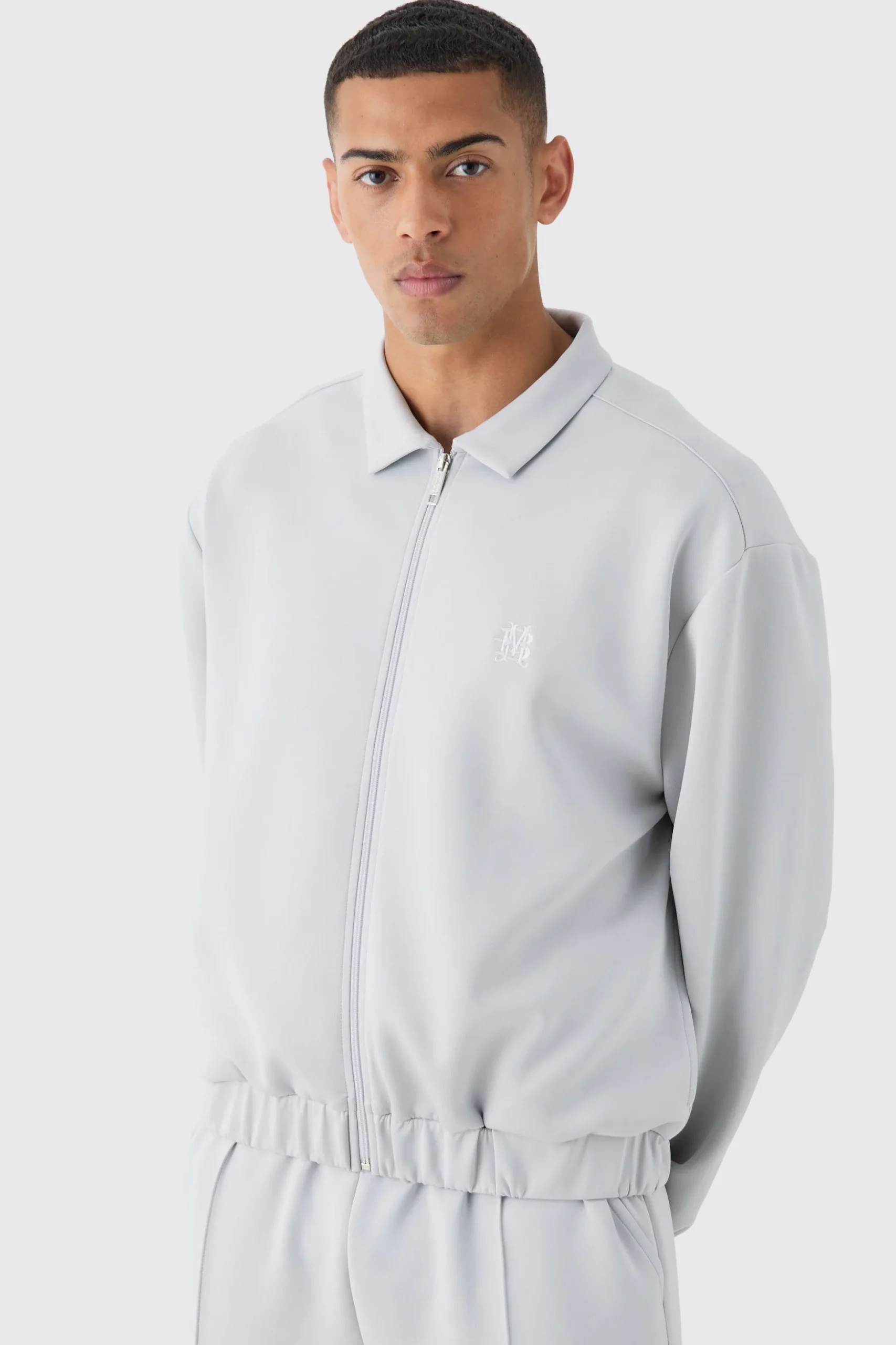 Boxy Scuba Zip Through Embroidered Jacket | BoohooMAN UK