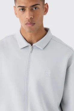 Boxy Scuba Zip Through Embroidered Jacket | BoohooMAN UK