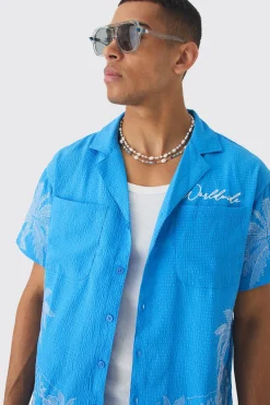 Boxy Seersucker Embroidered Floral Shirt & Short Set | BoohooMAN UK