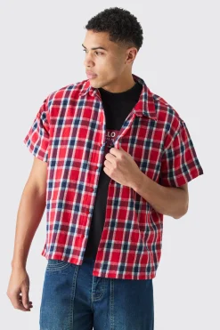 Boxy Short Sleeve Back Vent Check Shirt | BoohooMAN UK