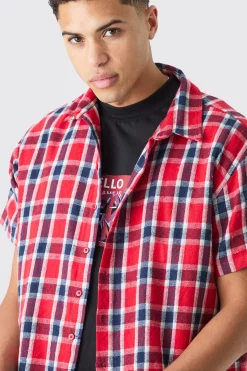 Boxy Short Sleeve Back Vent Check Shirt | BoohooMAN UK