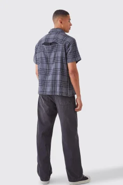 Boxy Short Sleeve Back Vent Check Shirt | BoohooMAN UK