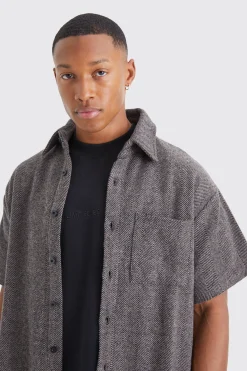 Boxy Short Sleeve Jacquard Shirt | BoohooMAN UK