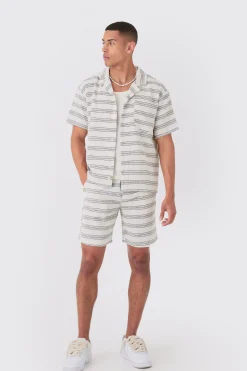 Boxy Short Sleeve Open Weave Shirt & Short Set | BoohooMAN UK